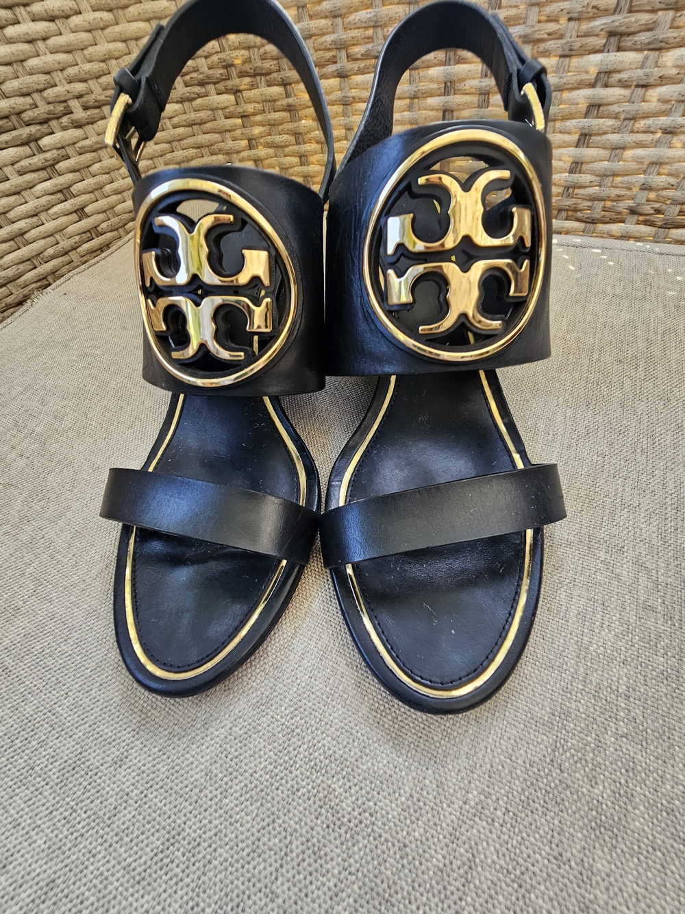 Tory Burch Black Leather Logo Slingback Sandals - Picture 2 of 9